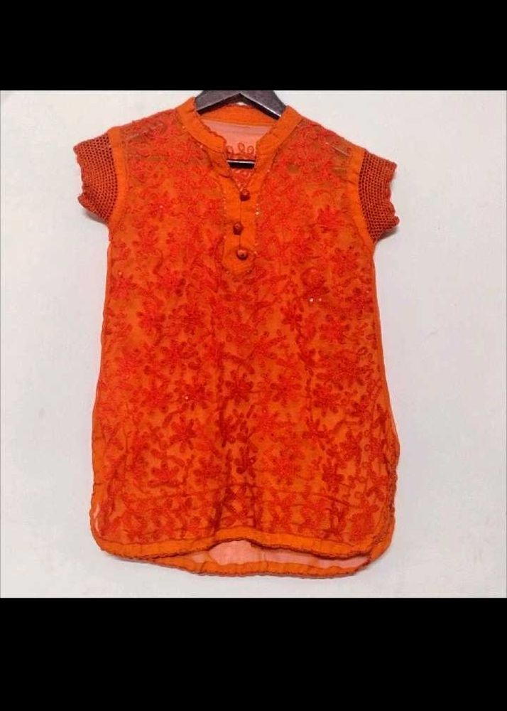 Orange Embroidered sheer top