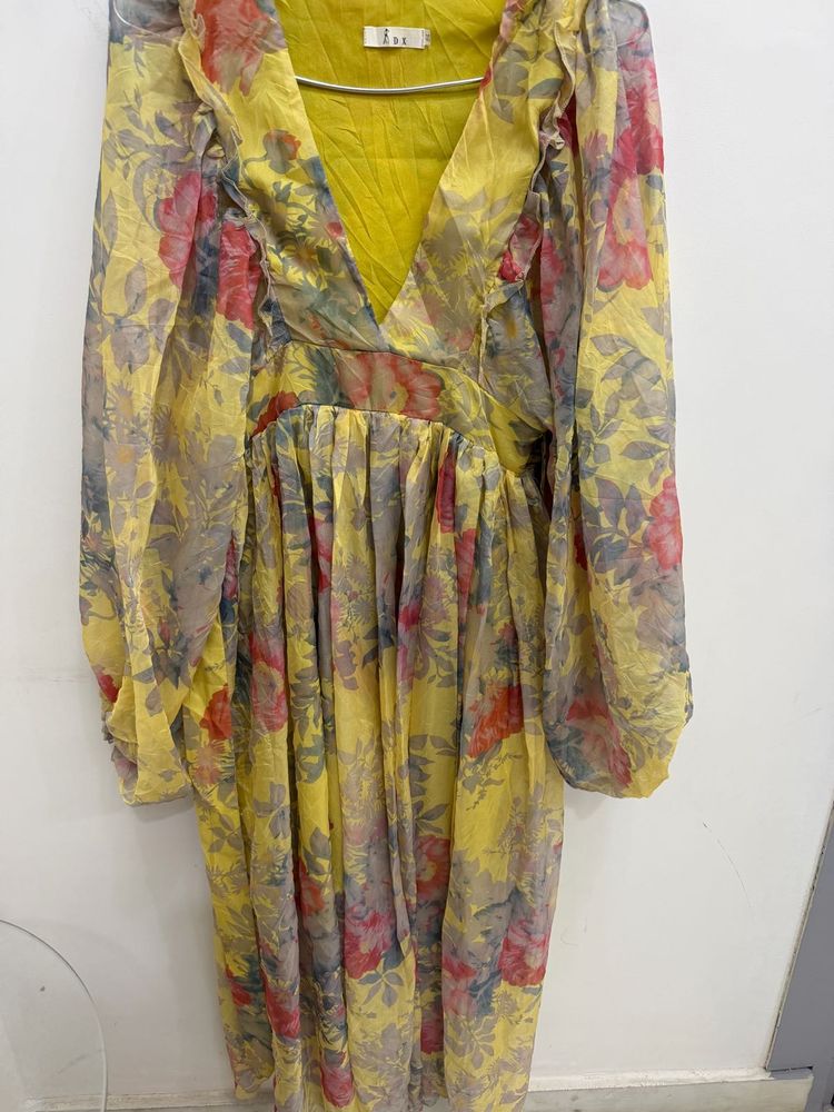 Chic Yellow Floral Print Midi Dress