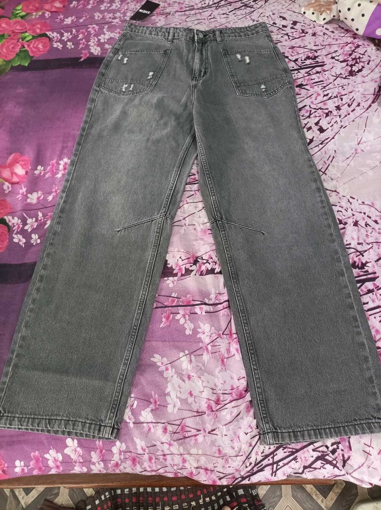 Grey Distressed Wide Leg Jeans