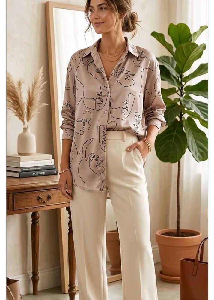 Unique Face Print Button-Up Shirt