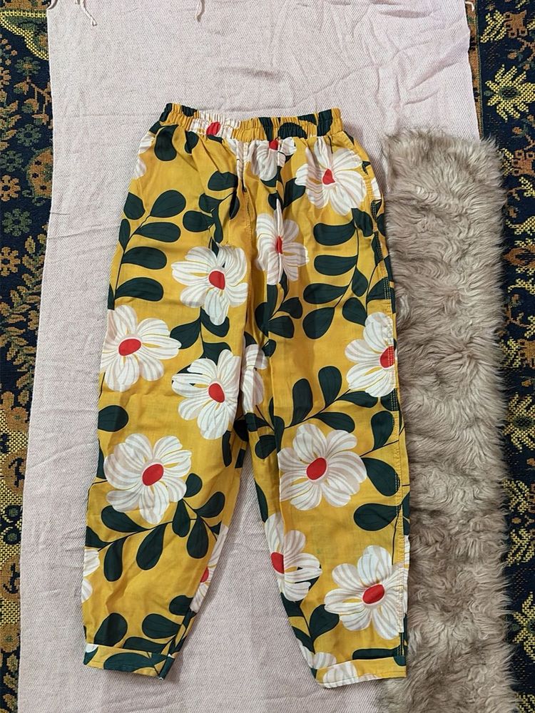 Yellow Floral Print Palazzo Pants