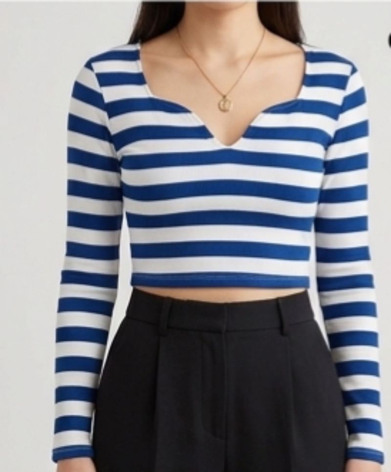 Blue &amp; White Striped Cropped Top