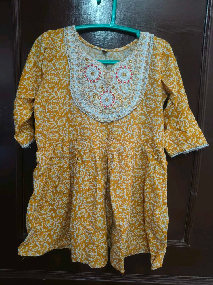 Yellow Printed Kurta with Neck Embellishment