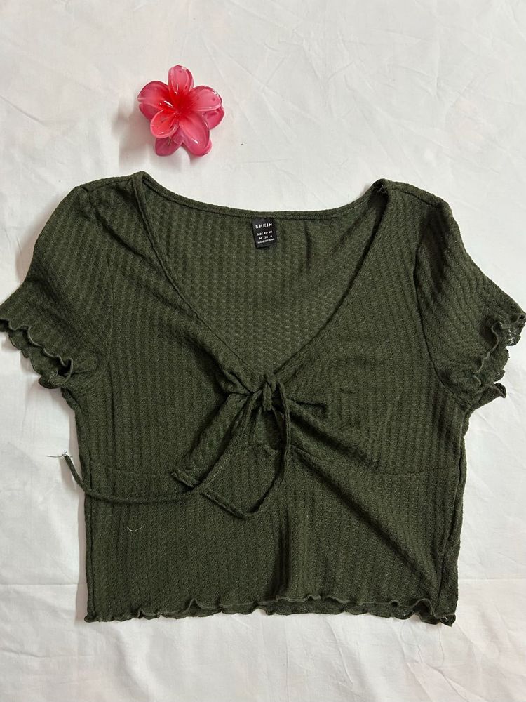 Olive Green Tie-Front Ribbed Crop Top