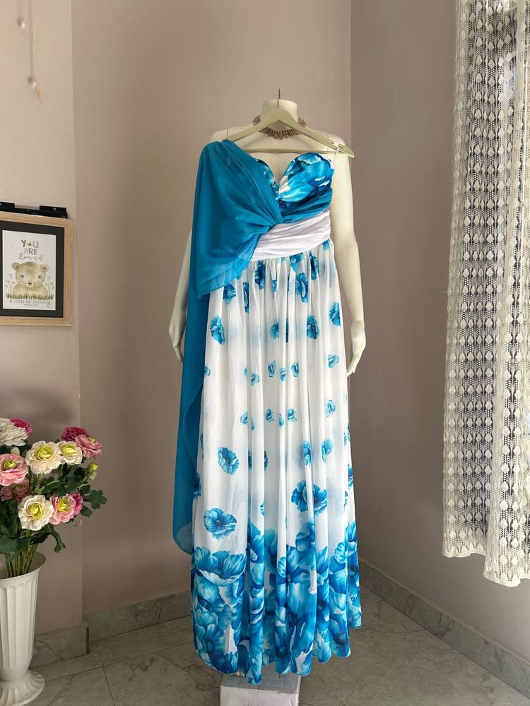 NO DISCOUNT White &amp; Blue Floral Gown