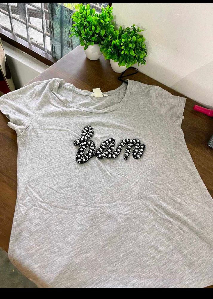 Grey T-Shirt with Beaded Embellishment