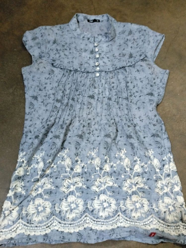 Sky Grey Top With White Chickan Work