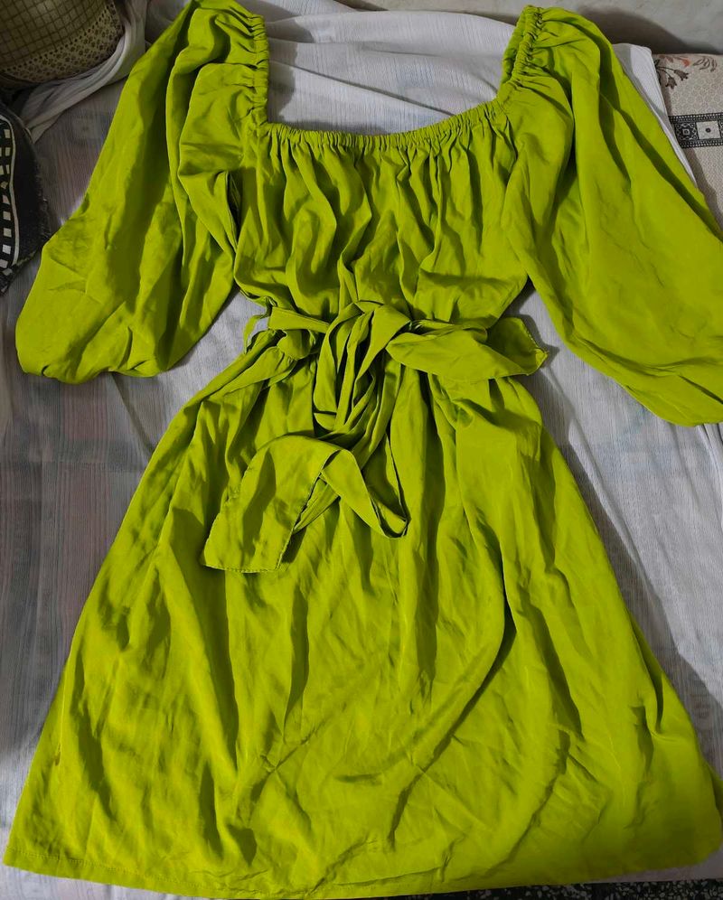 Lime Green Square Neck Puff Sleeve Dress