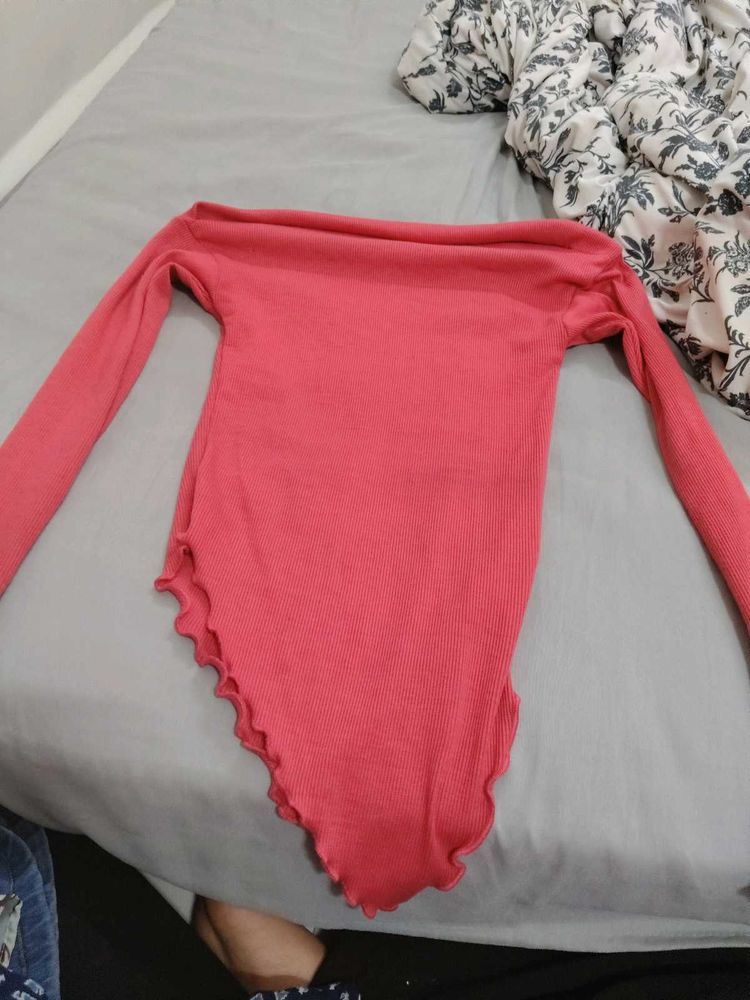 Coral Off-Shoulder Ribbed Top