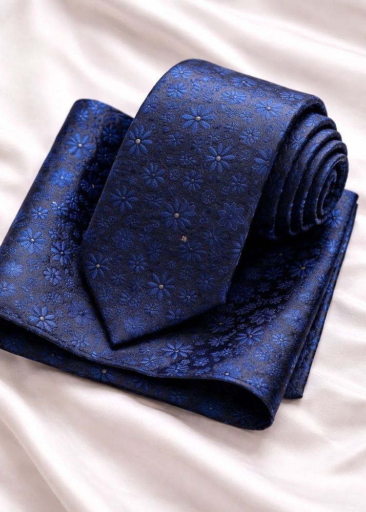 Elegant Blue Floral Tie &amp; Pocket Square Set
