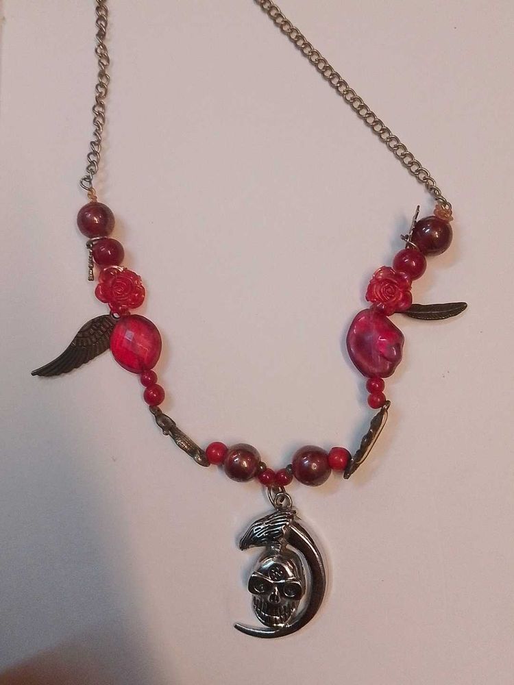 handmade Gothic Skull Crescent Moon Necklace