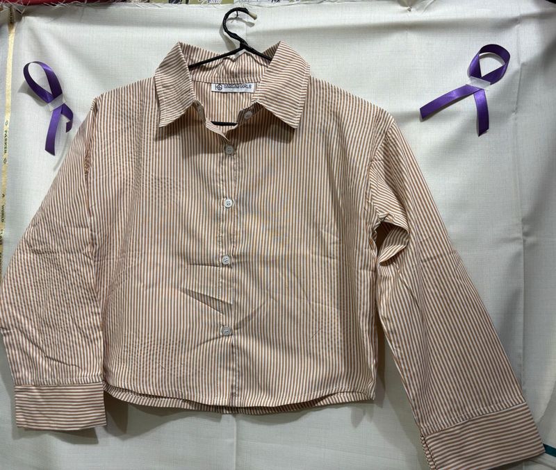 Women Brown Striped Collar Crop Shirt Top
