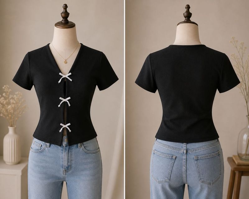 Chic Black V-Neck Tie-Up Blouse