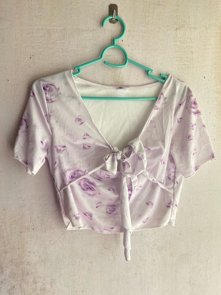 Lavender Floral Tie-Front Crop Top
