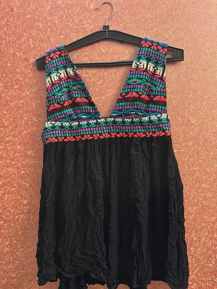 Boho Embroidered Black Dress