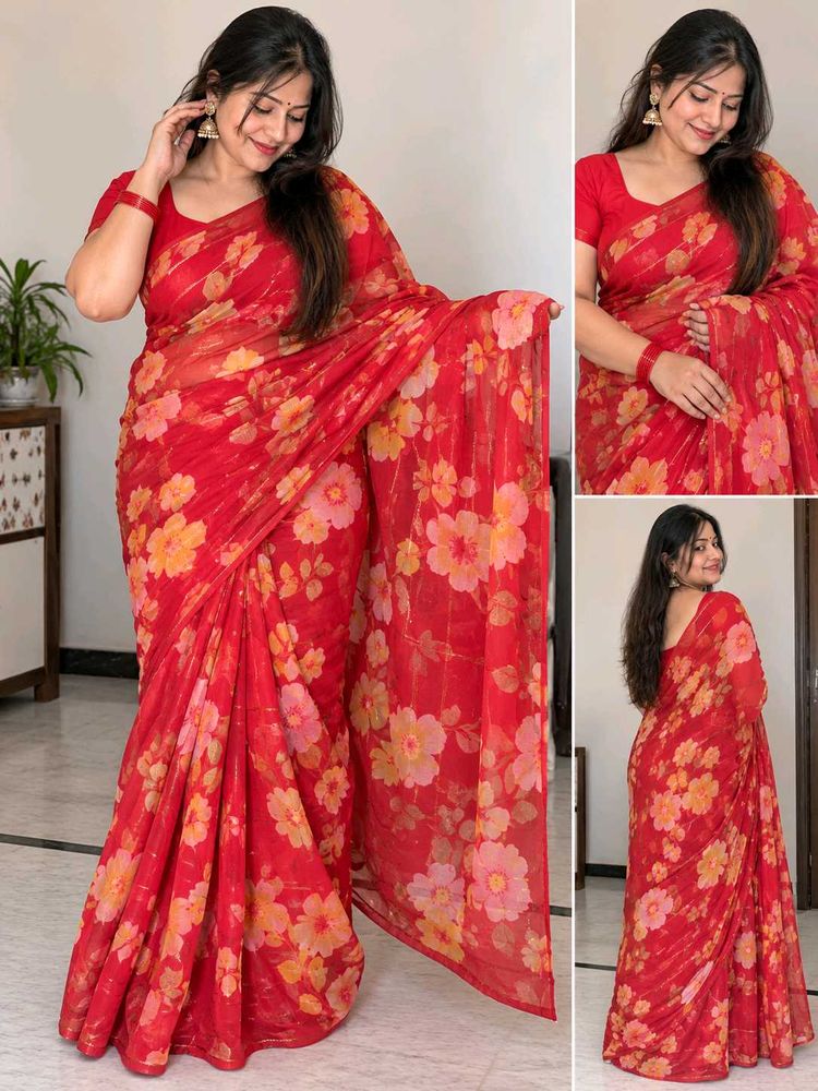Vibrant Floral Print Red Saree