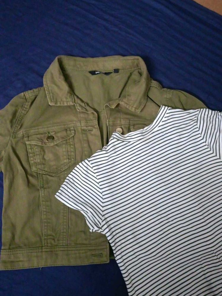 Stylish Green Denim Jacket &amp; Striped Top