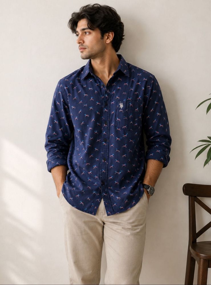 Men's Blue Printed Full Sleeve Shirt