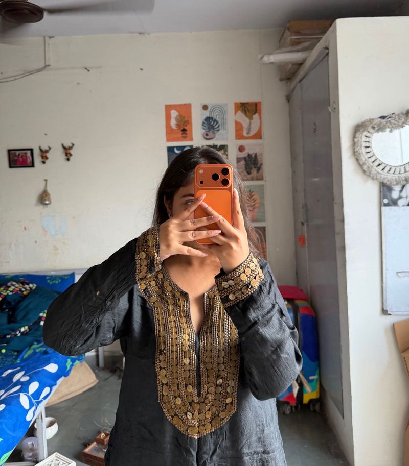 Black Kurta with Embellished Neckline