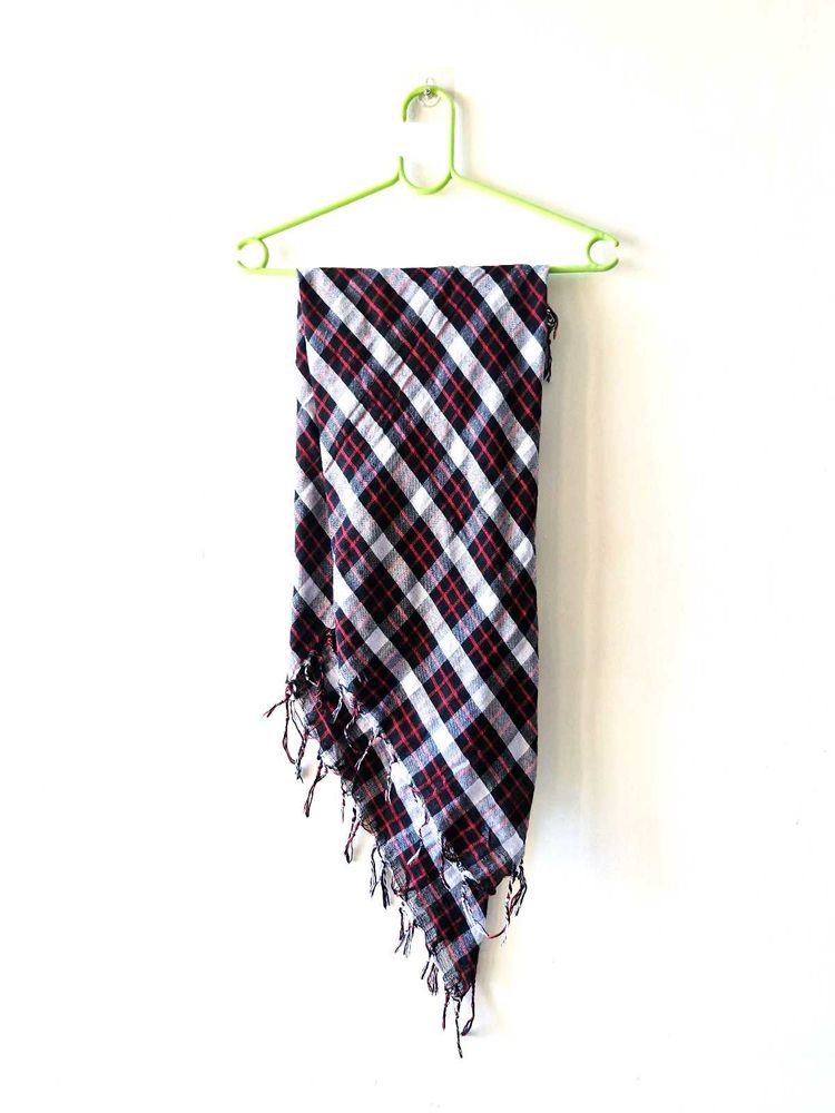 Red &amp; White Plaid Scarf with Fringe