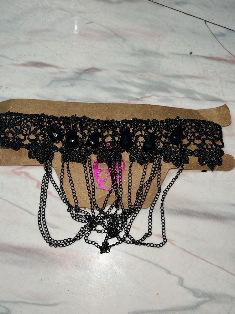 Black Lace Choker Necklace with Chains