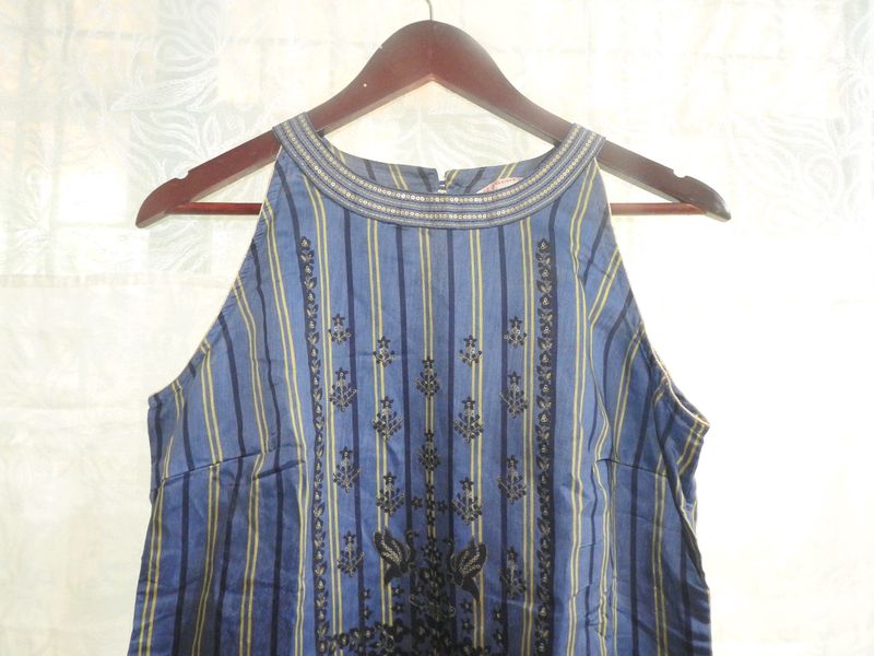 Blue Vertical Stripped Long Kurta Nice Neckline