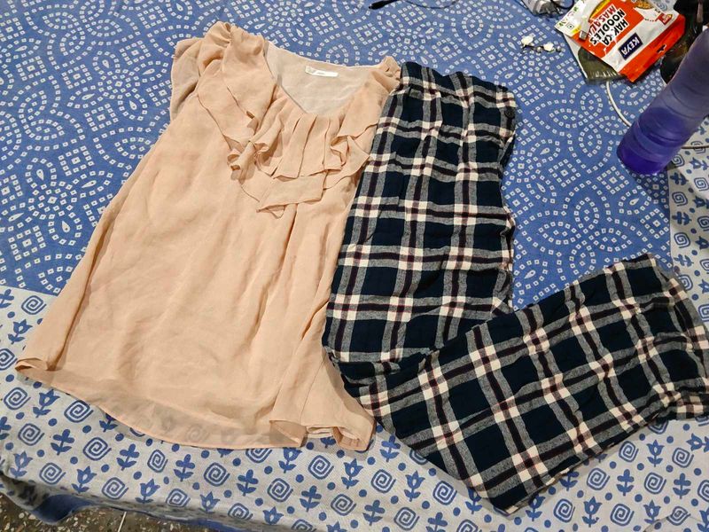 Pink Ruffled Top with Plaid Pants