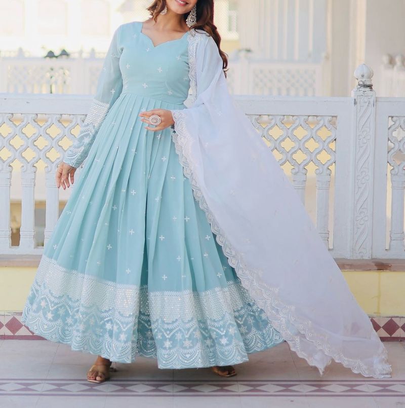 Embroidered Gown &amp; Dupatta Set 🩵