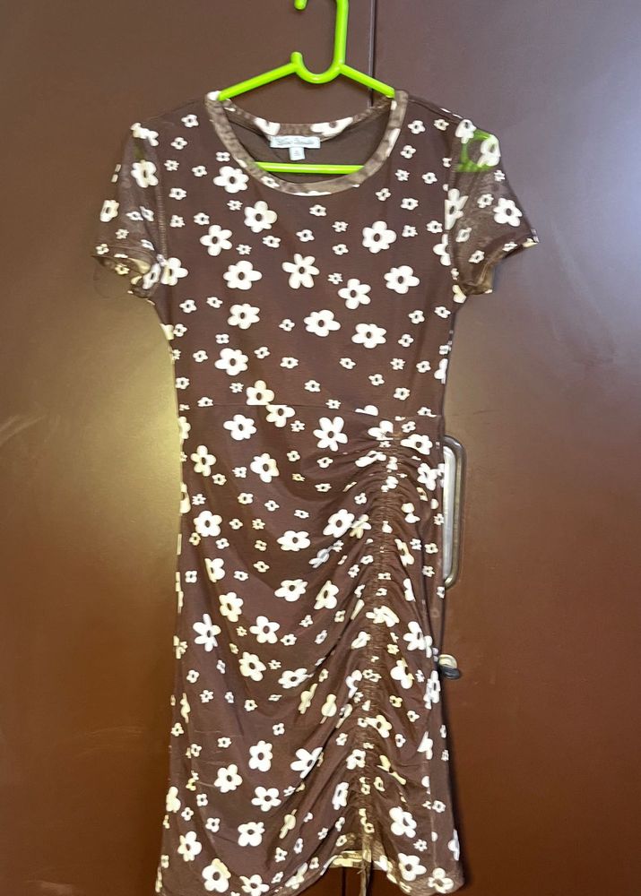 Brown Floral Ruched Mini Dress