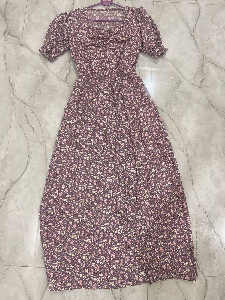 Purple Floral Print Midi Dress