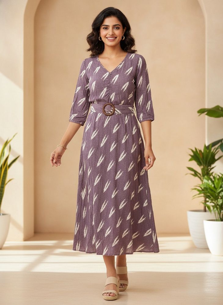 Boho Print Midi Dress with Belt