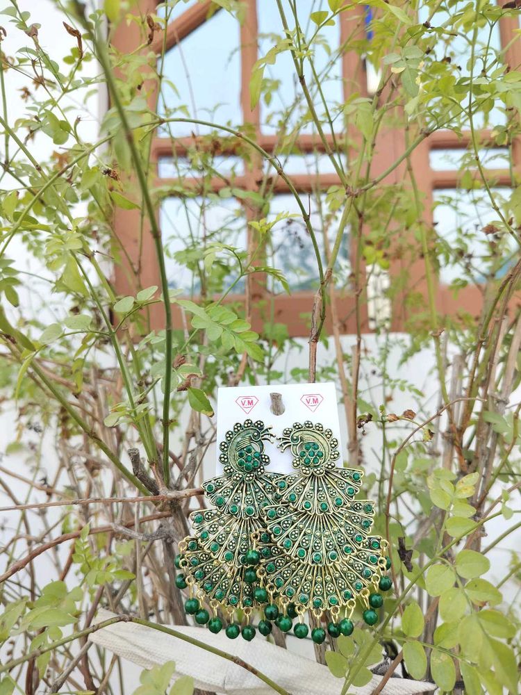 Green Peacock Dangle Earrings
