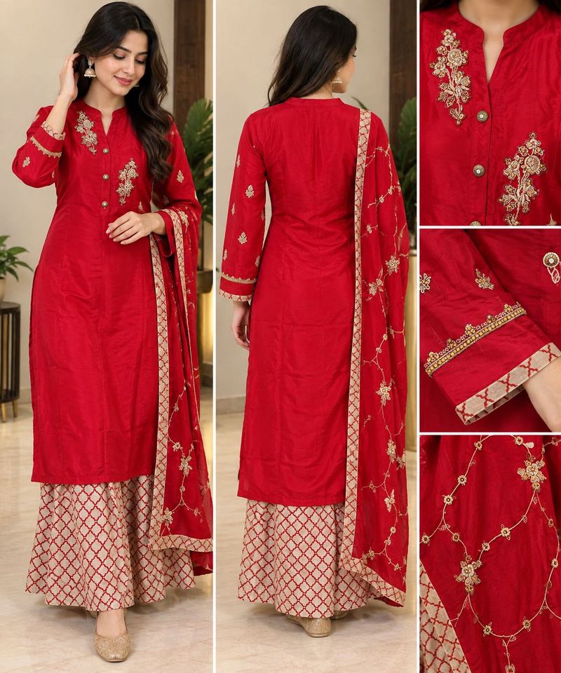 Red Kurta Set with Skirt and Dupatta