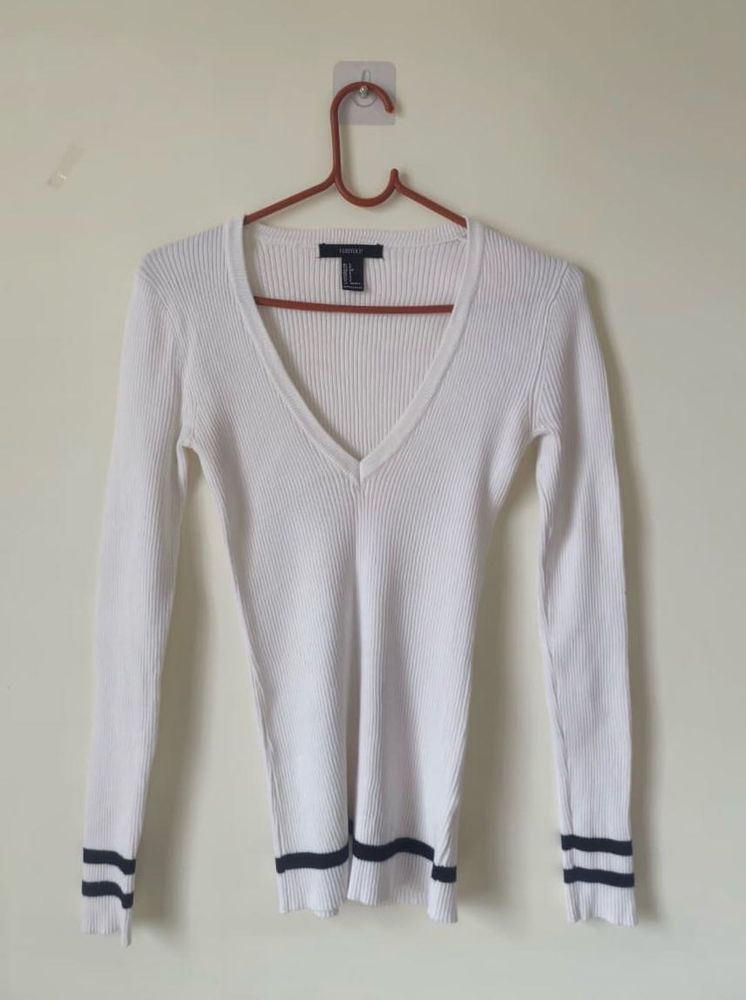 White V-Neck Ribbed Sweater