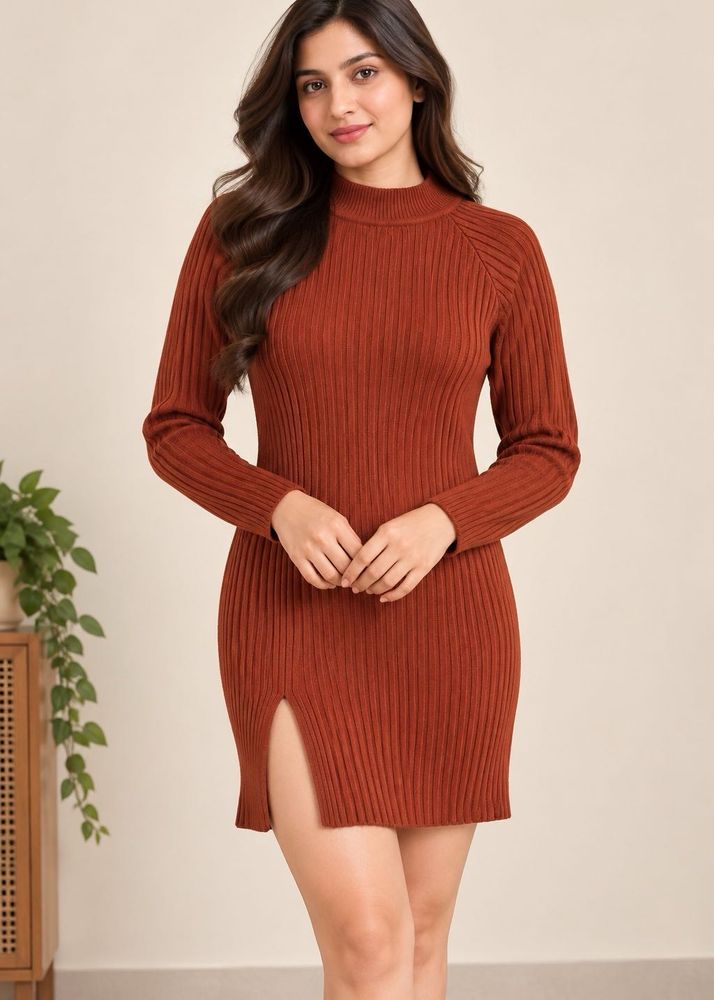 Rust Ribbed Knit Mini Dress