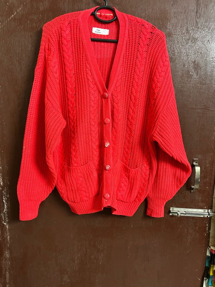 Red Cable Knit Cardigan(M)