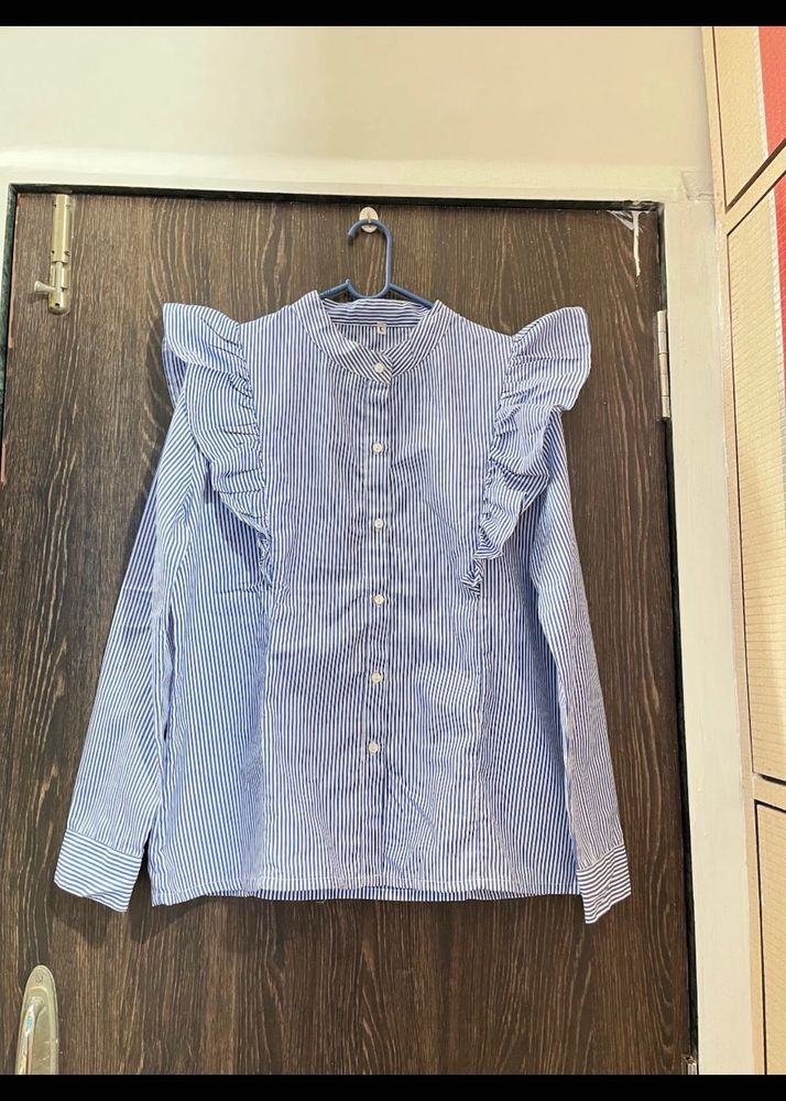 Blue Striped Ruffle Top