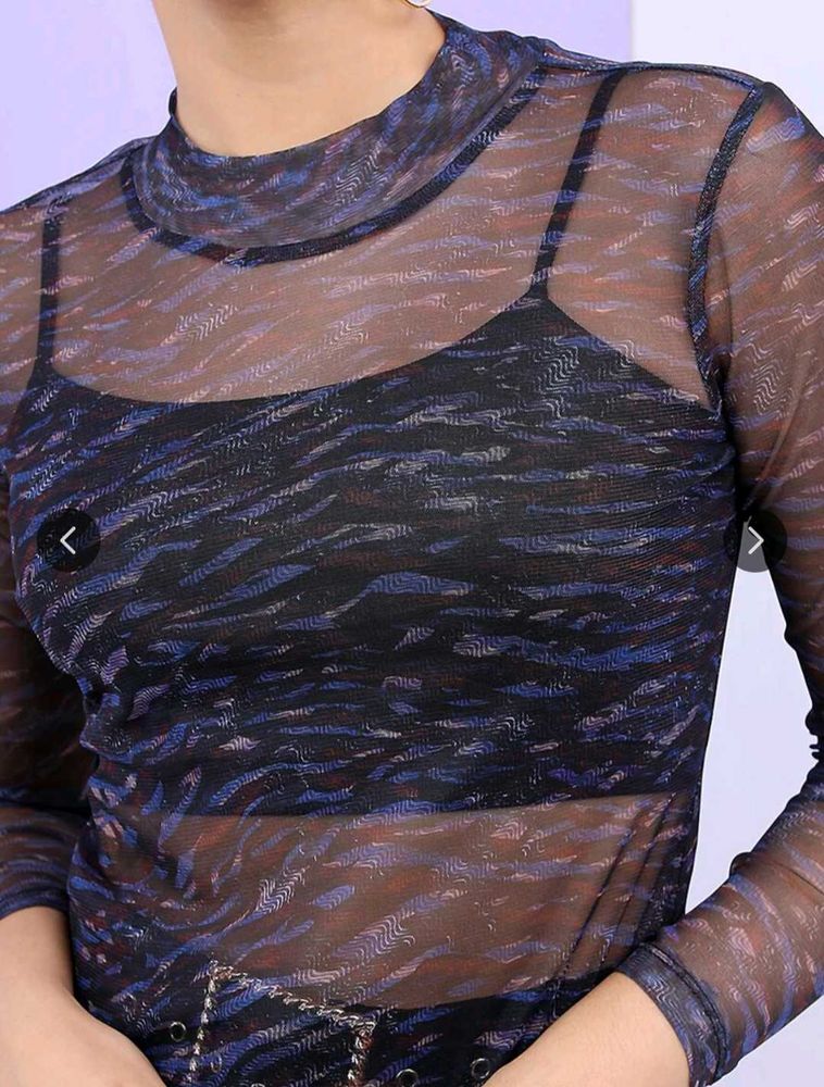 Blue Patterned Mesh Top