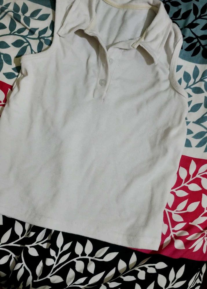 Sleeveless White Polo Top