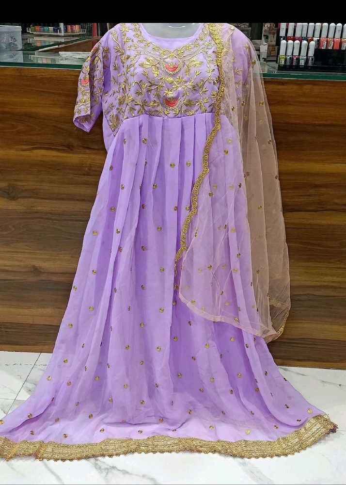 Elegant Lavender Embroidered Gown with dupatta