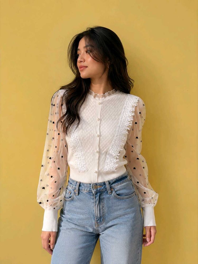 Sheer Sleeve Button-Up Top