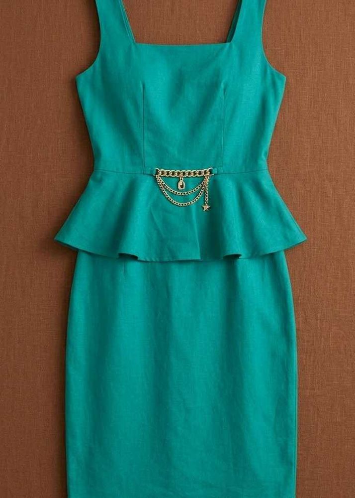 Elegant Teal Peplum Dress with Chain Belt