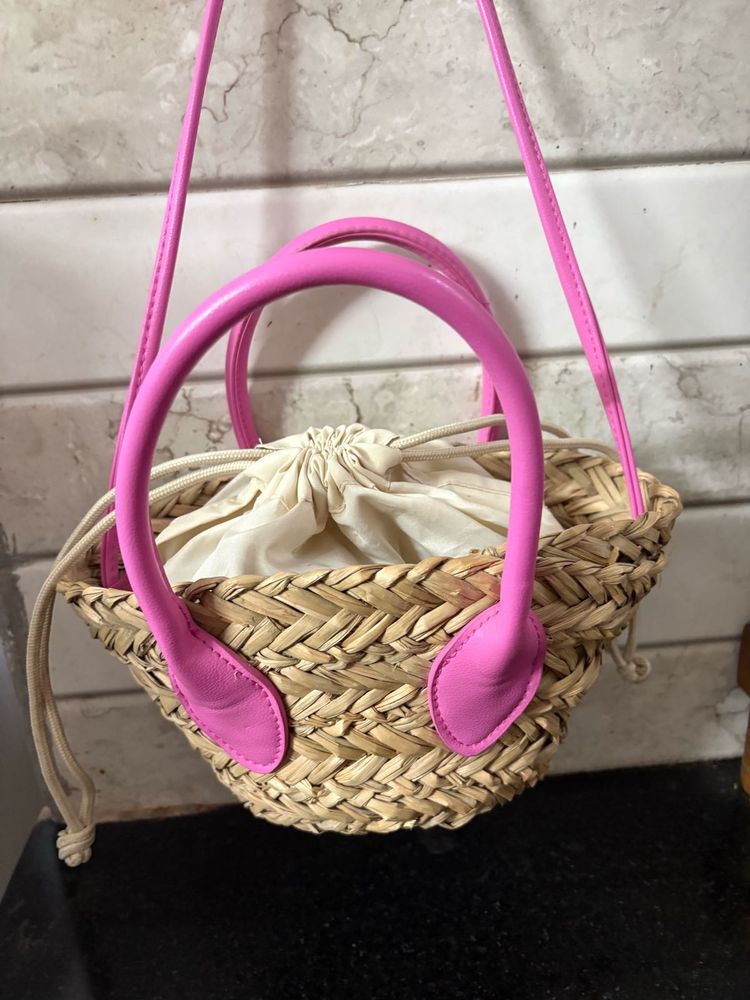 Chic Straw Bag with Pink Handles