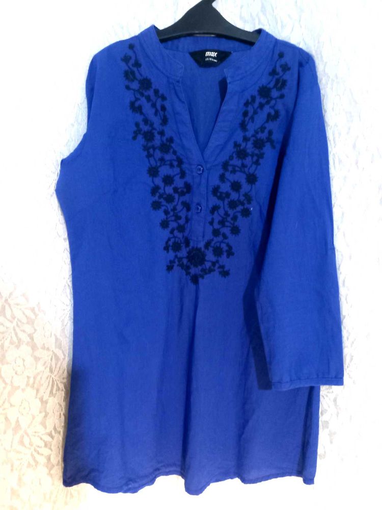 Vibrant Blue Kurta with Black Floral Embroidery