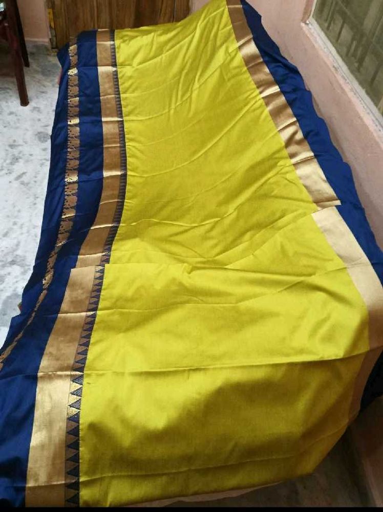 NewVibrant Yellow&amp;Blue ZariBorder CottonSilk Sare