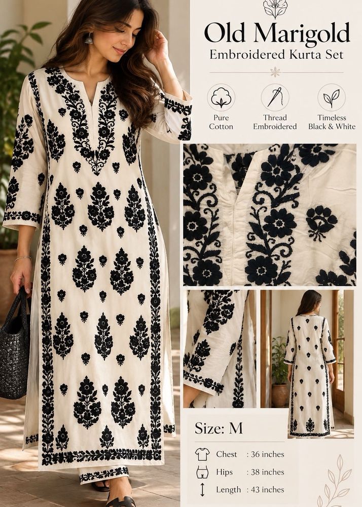 Old Marigold Black &amp; White Embroidered Cotton Kurt