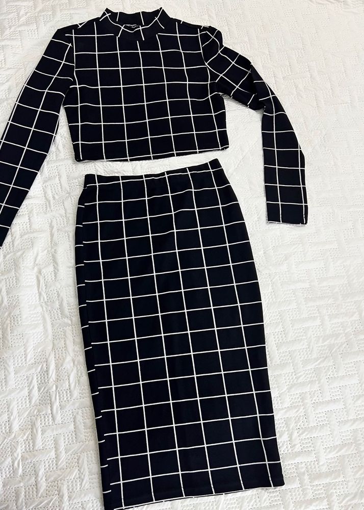 Black &amp; White Grid Crop Top and Skirt