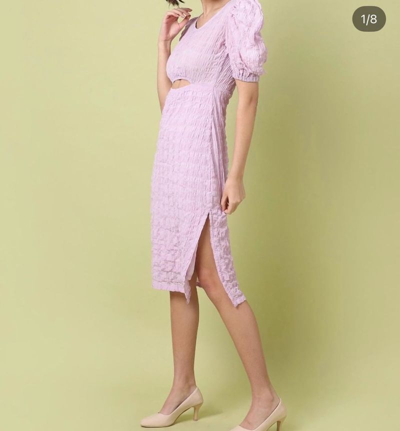 Lavender Puff Sleeve Cutout Midi Dress