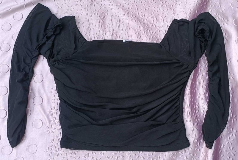 Chic Black Ruched Mesh Sleeve Top