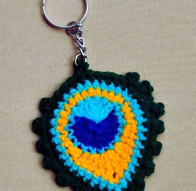 Handmade Crochet Peacock Feather Keychain.